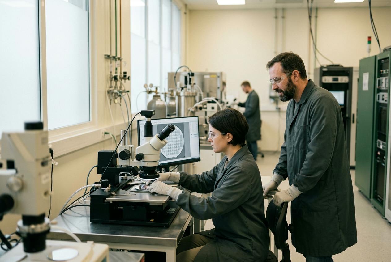 Engineers in an advanced manufacturing facility