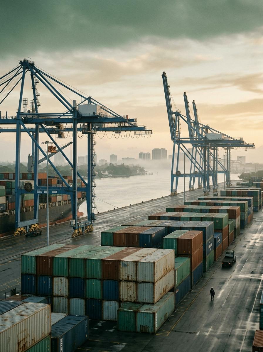 Container cranes at a Florida seaport at dawn