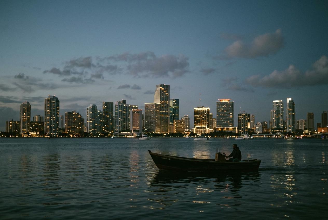 Miami skyline at dusk seen from the water